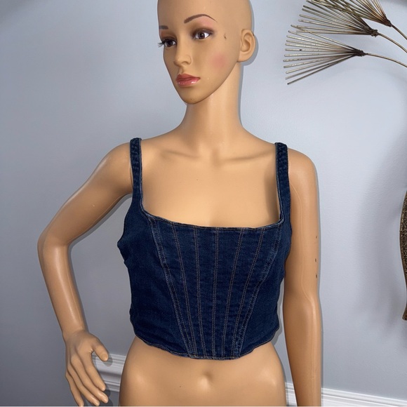 Banana Republic Sleeveless Stretch Denim Corset Top In Blue Dark Wash Size 6 - Picture 2 of 14